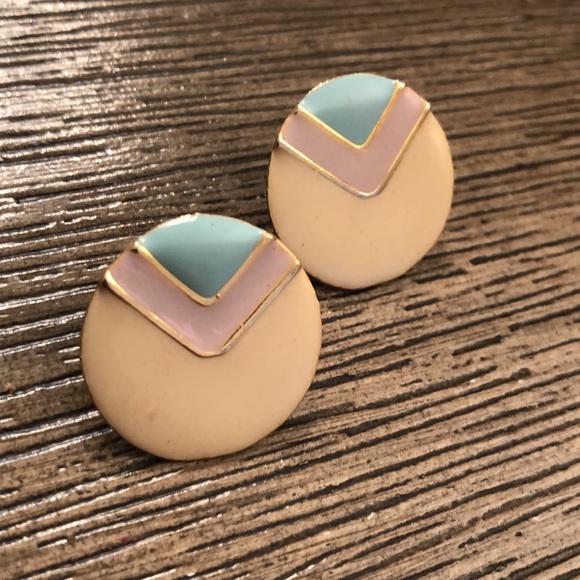 Vintage Round Chevron Pastel 1980’s Earrings - Picture 2 of 10